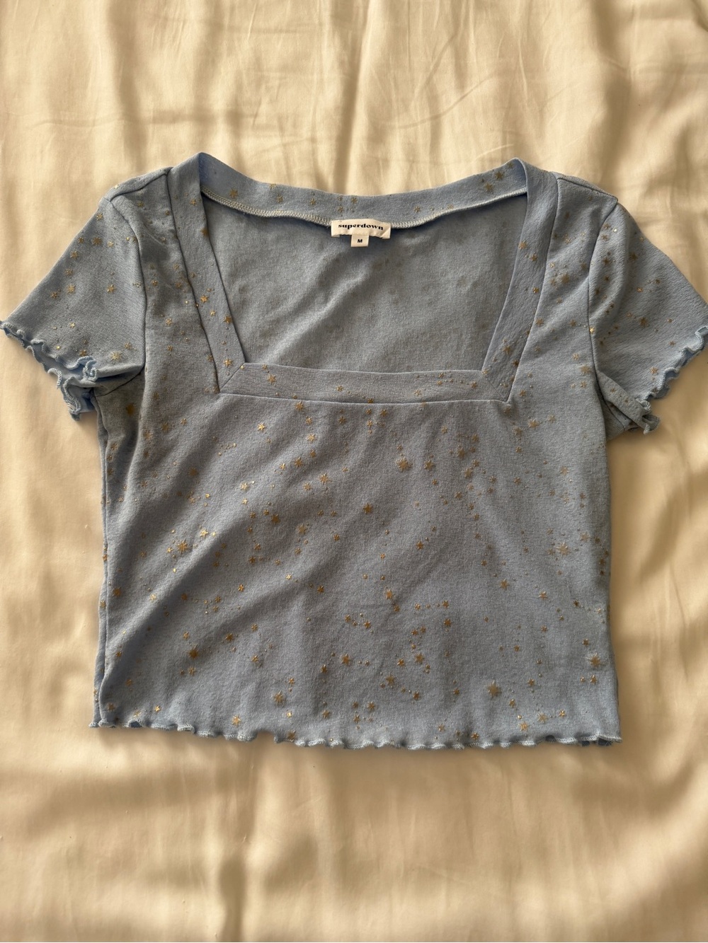 superdown Baby Blue Square Neck Star Print Crop Top